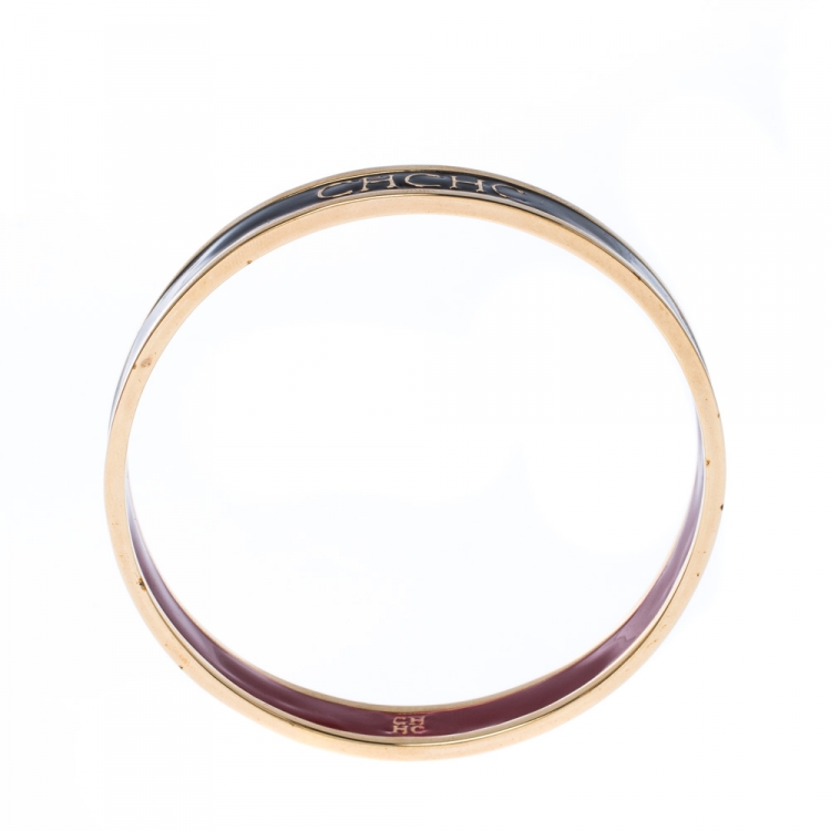 Pre Owned Carolina Herrera CH Logo Enamel Gold Tone Narrow Bangle Bracelet