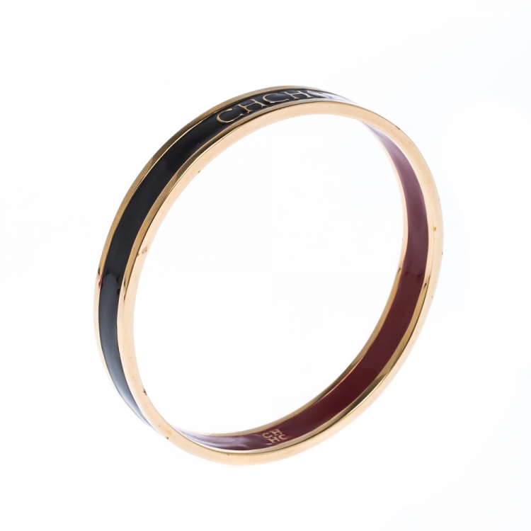 Pre Owned Carolina Herrera CH Logo Enamel Gold Tone Narrow Bangle Bracelet