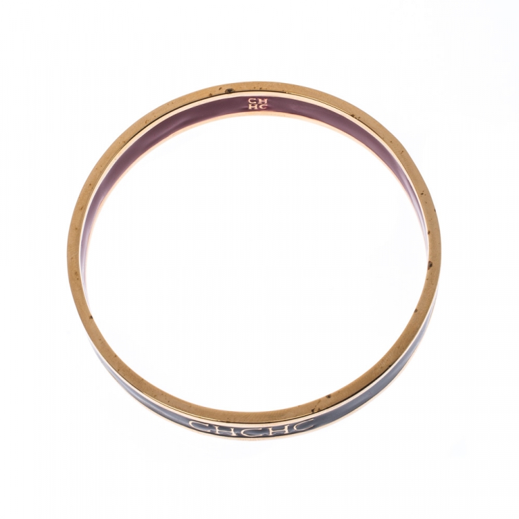 Pre Owned Carolina Herrera CH Logo Enamel Gold Tone Narrow Bangle Bracelet
