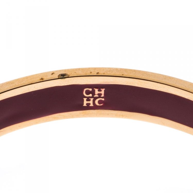 Pre Owned Carolina Herrera CH Logo Enamel Gold Tone Narrow Bangle Bracelet