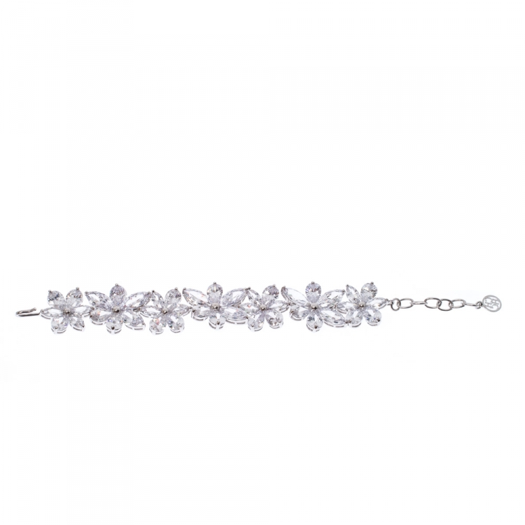 Pre Owned CH Carolina Herrera Crystal Jasmine Collection Silver Tone Hook Bracelet