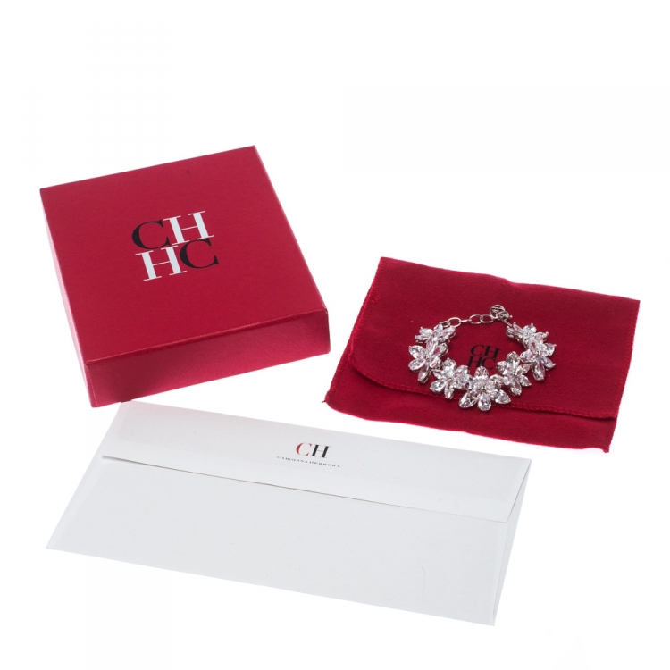 Pre Owned CH Carolina Herrera Crystal Jasmine Collection Silver Tone Hook Bracelet
