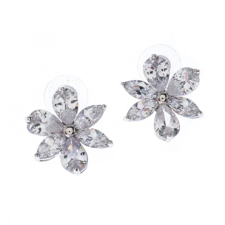 Pre Owned CH Carolina Herrera Crystal Jasmine Collection Silver Tone Stud Earrings