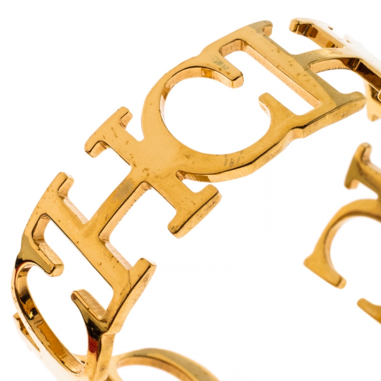 Pre Owned CH Carolina Herrera Logo Gold Tone Open Cuff Bracelet
