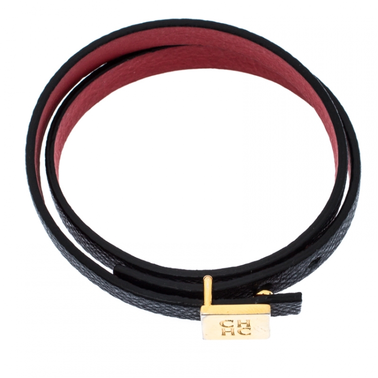 Pre Owned CH Carolina Herrera Navy Blue Leather Gold Tone Double Wrap Bracelet