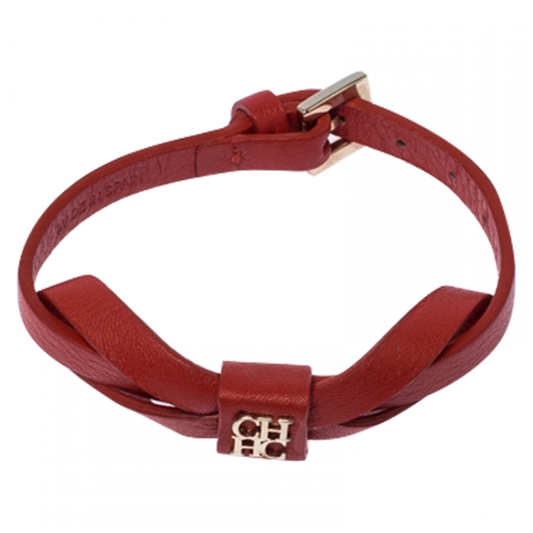 Pre Owned CH Carolina Herrera Red Leather Ribbon Bracelet 