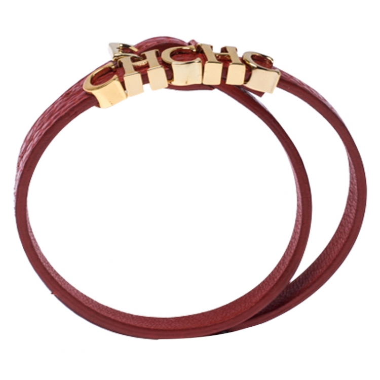 Pre Owned CH Carolina Herrera Red Leather Double Wrap Bracelet 