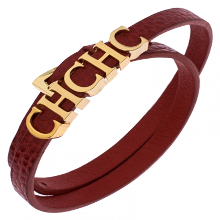 Pre Owned CH Carolina Herrera Red Leather Double Wrap Bracelet 