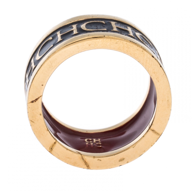 Pre Owned CH Carolina Herrera Logo Black Enamel Gold Tone Band Ring 56