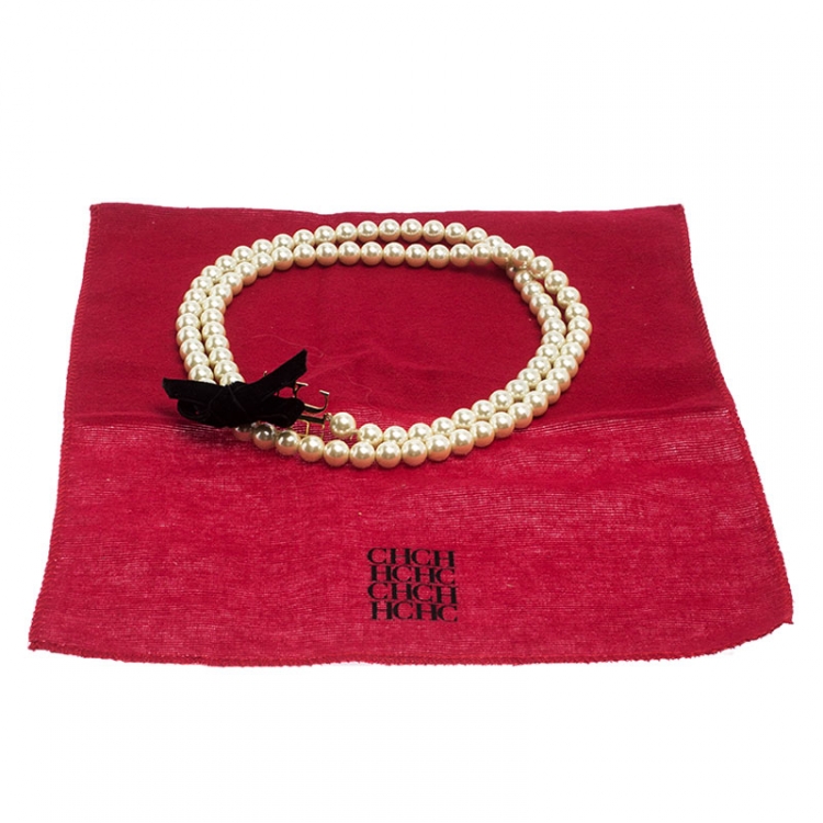 Pre Owned CH Carolina Herrera Logo Faux Pearl Long Strand Necklace
