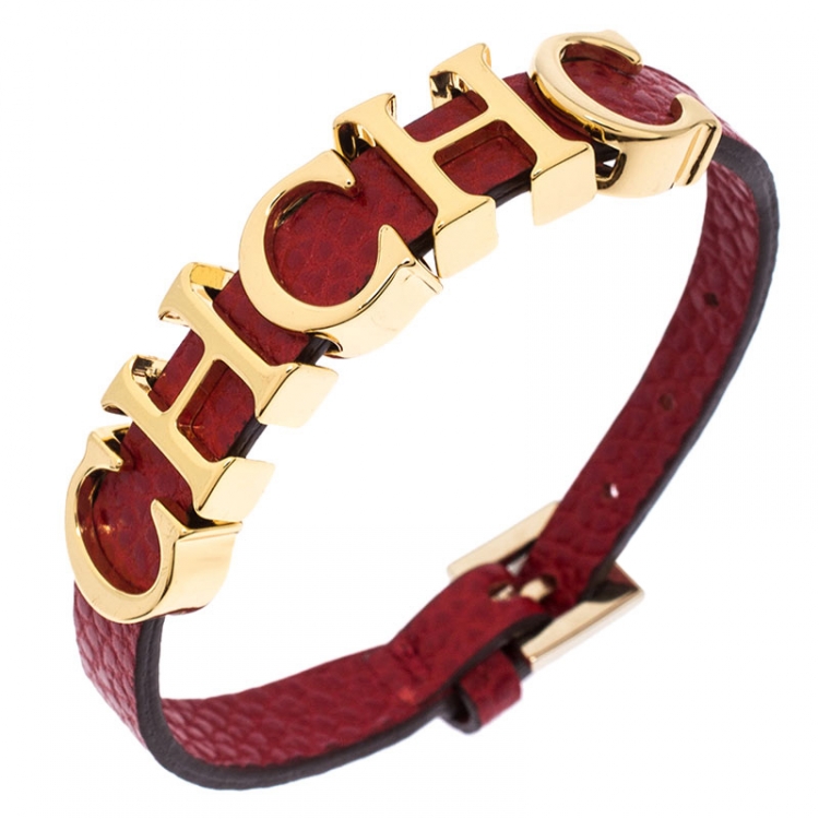 Pre Owned CH Carolina Herrera Red Leather Gold Tone Logo Charm Bracelet