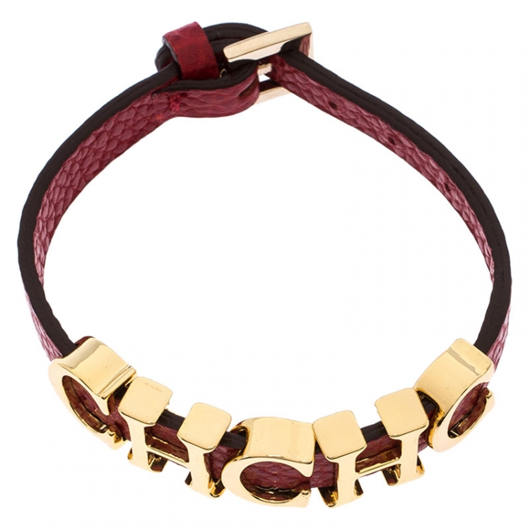 Pre Owned CH Carolina Herrera Red Leather Gold Tone Logo Charm Bracelet