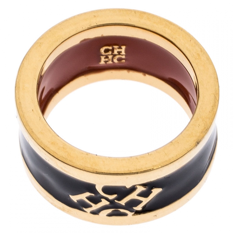 Pre Owned CH Carolina Herrera Logo Black Enamel Gold Tone Band Ring Size 54.5