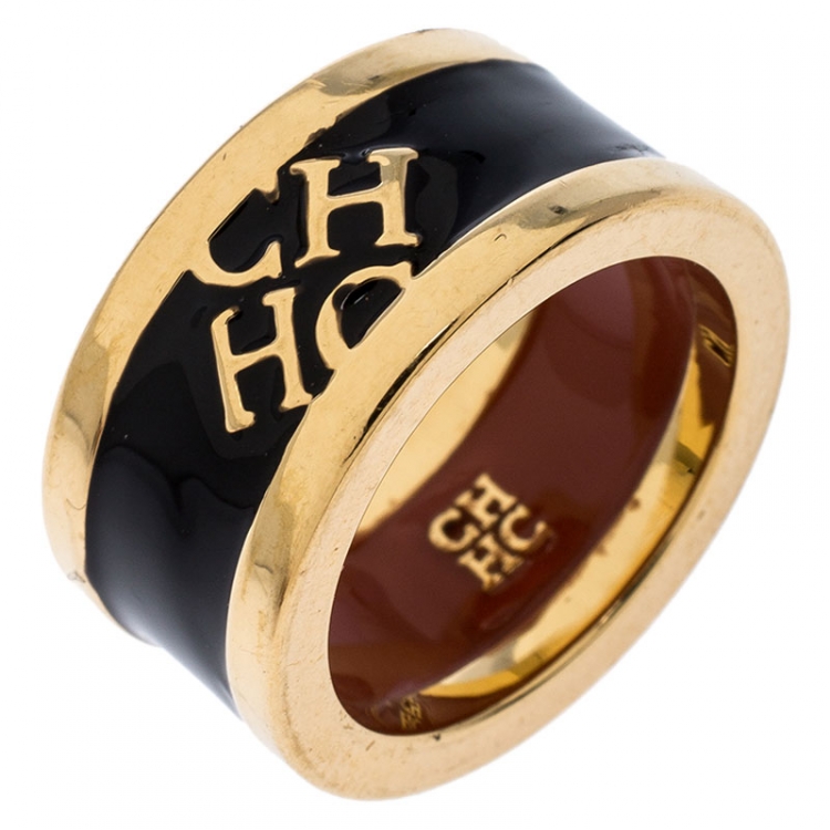 Pre Owned CH Carolina Herrera Logo Black Enamel Gold Tone Band Ring Size 54.5