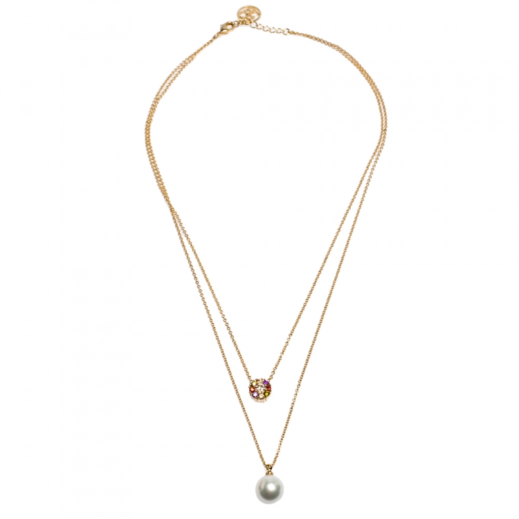 Pre Owned CH Carolina Herrera Multicolor Crystal Faux Pearl Gold Tone Layered Necklace