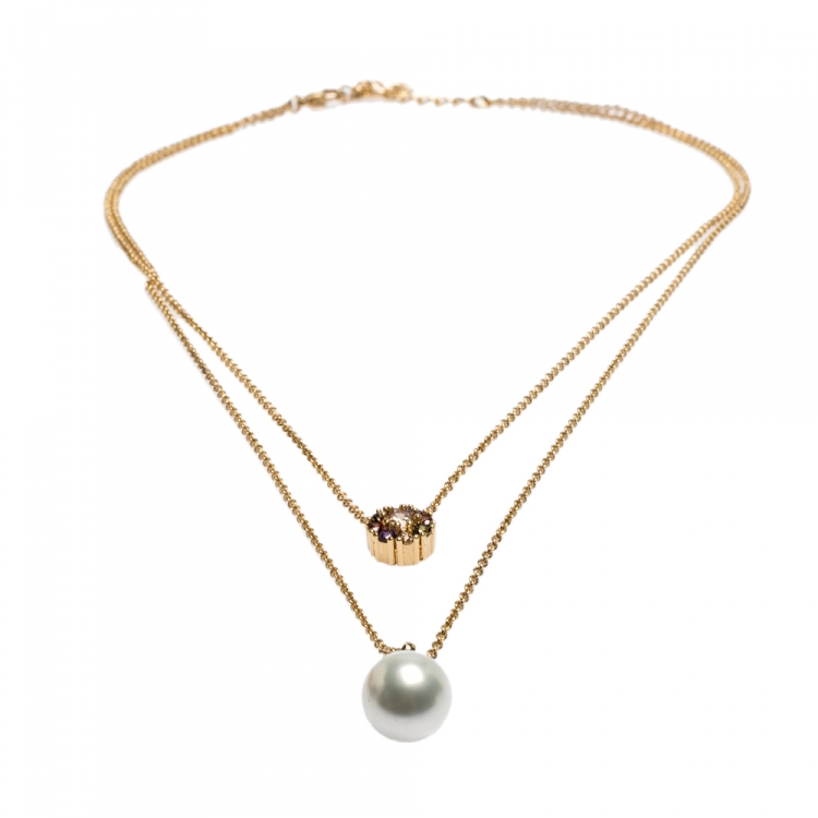 Pre Owned CH Carolina Herrera Multicolor Crystal Faux Pearl Gold Tone Layered Necklace