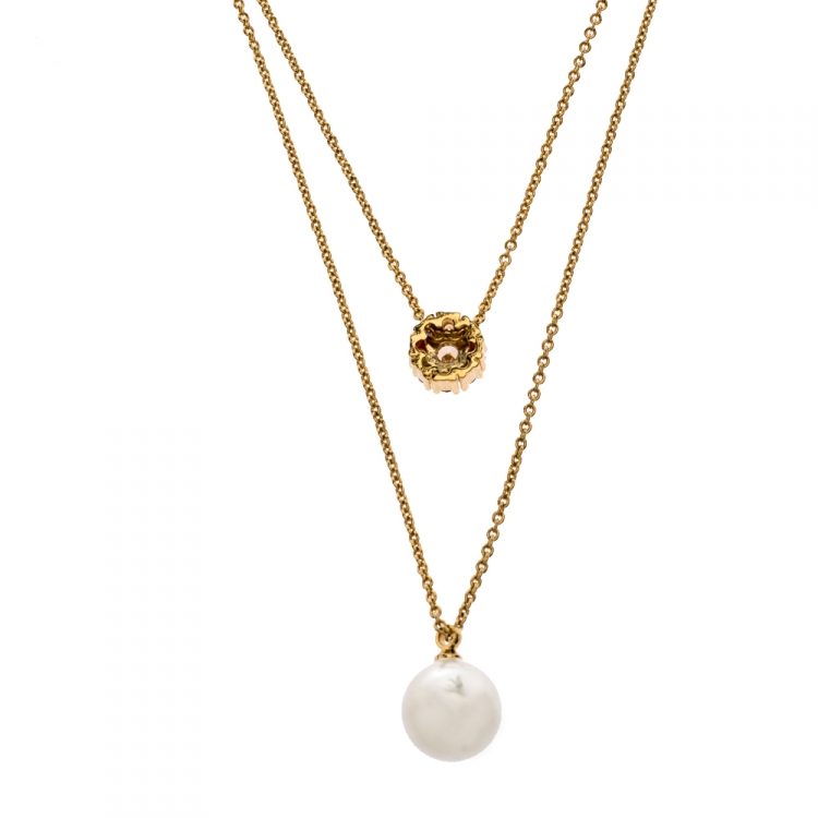 Pre Owned CH Carolina Herrera Multicolor Crystal Faux Pearl Gold Tone Layered Necklace