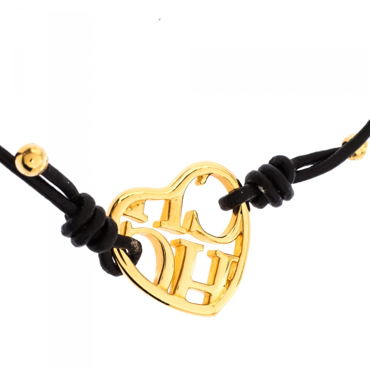 Pre Owned CH Carolina Herrera Brown Leather Heart Motif Gold Tone Adjustable Bracelet