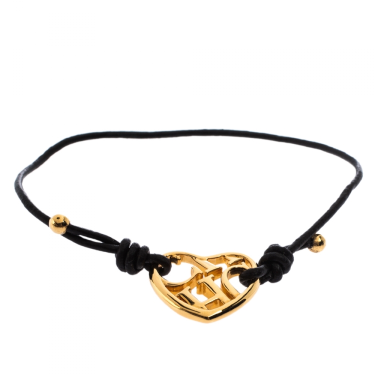 Pre Owned CH Carolina Herrera Brown Leather Heart Motif Gold Tone Adjustable Bracelet