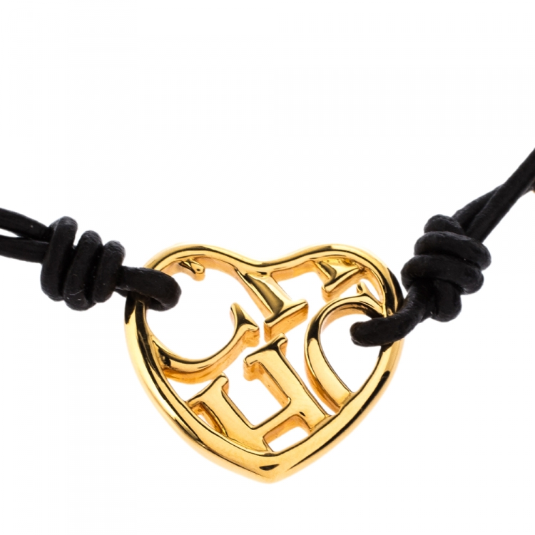 Pre Owned CH Carolina Herrera Brown Leather Heart Motif Gold Tone Adjustable Bracelet