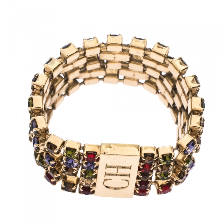 Pre Owned CH Carolina Herrera Multicolor Crystal Gold Tone Band Ring Size 58