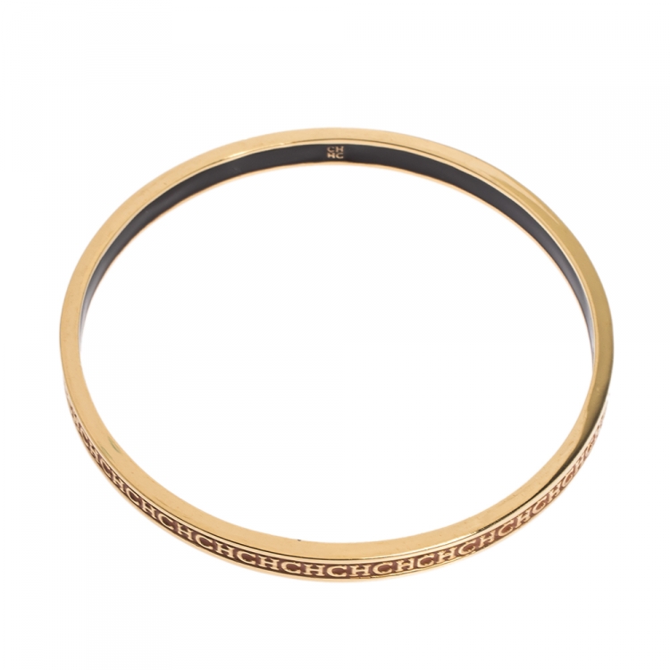 Pre Owned CH Carolina Herrera Logo Enamel Gold Tone Narrow Bangle Bracelet