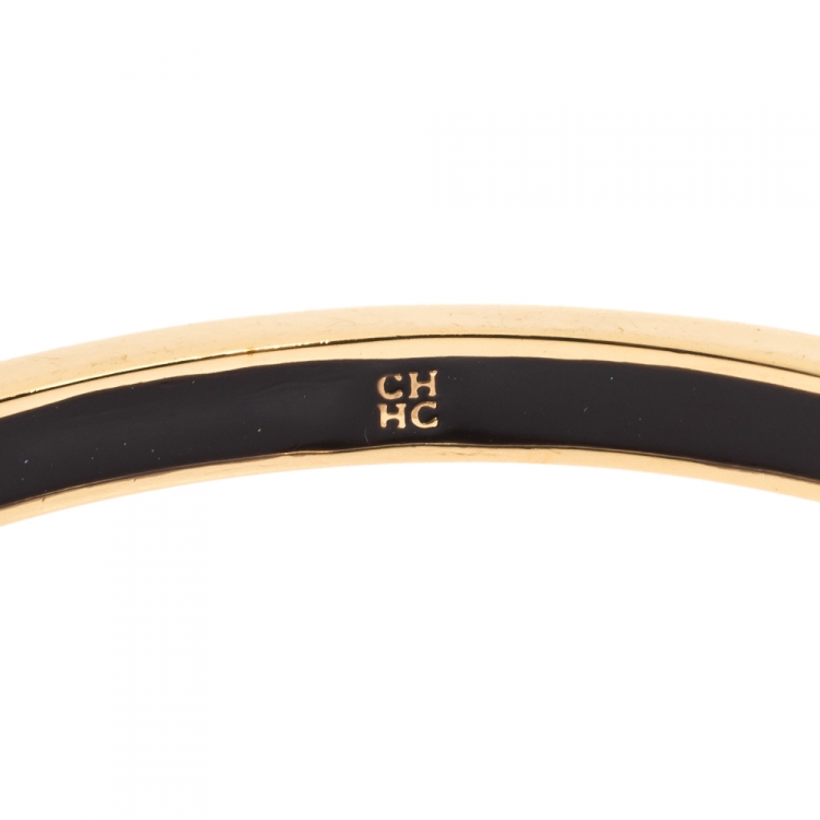 Pre Owned CH Carolina Herrera Logo Enamel Gold Tone Narrow Bangle Bracelet