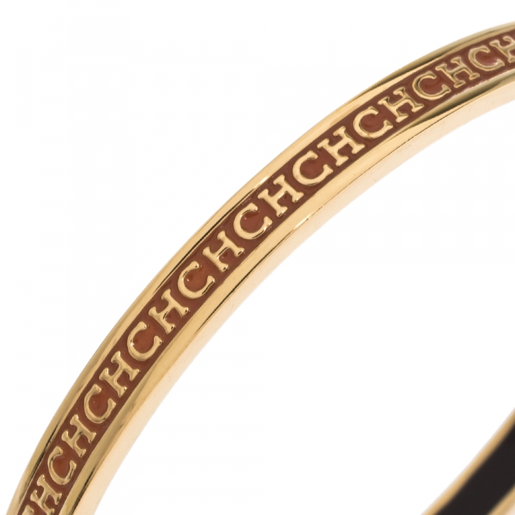 Pre Owned CH Carolina Herrera Logo Enamel Gold Tone Narrow Bangle Bracelet