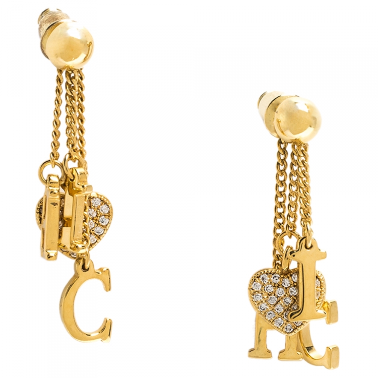 Pre Owned CH Carolina Herrera Crystal Gold Tone Tassel Dangle Earrings