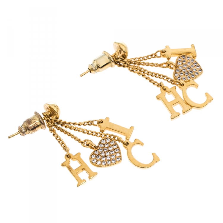 Pre Owned CH Carolina Herrera Crystal Gold Tone Tassel Dangle Earrings