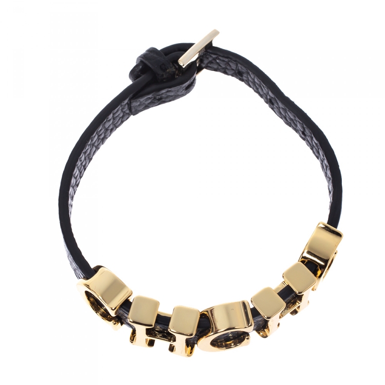 Pre Owned CH Carolina Herrera Black Leather Gold Tone Logo Charm Bracelet