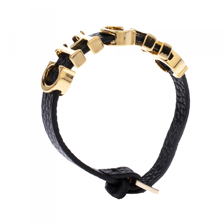 Pre Owned CH Carolina Herrera Black Leather Gold Tone Logo Charm Bracelet