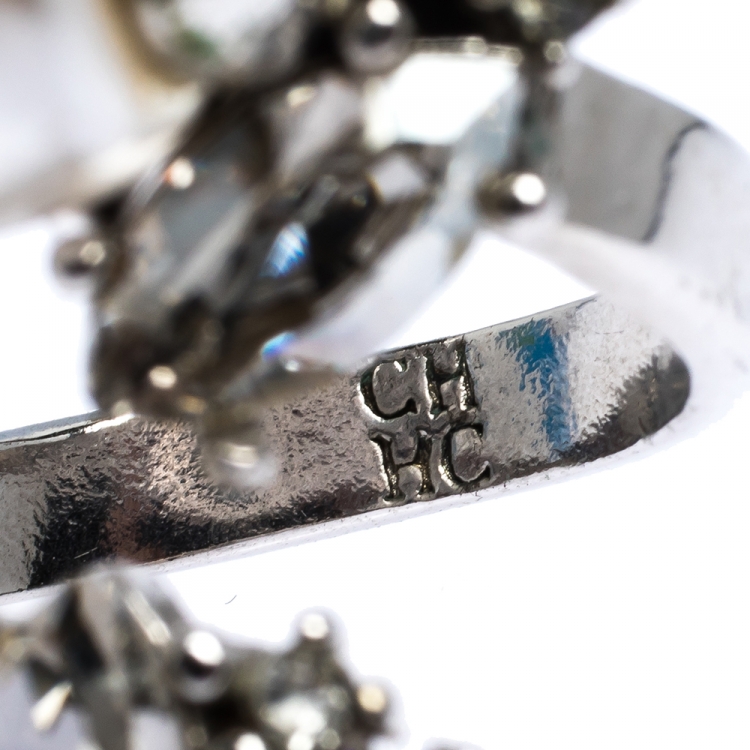 Pre Owned CH Carolina Herrera Crystal Faux Pearl Silver Tone Bypass Ring Size 56