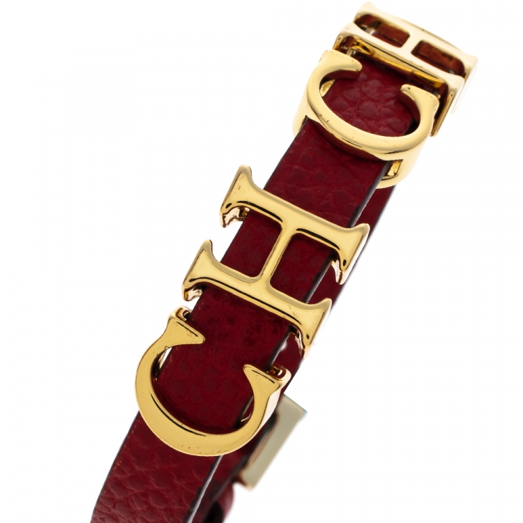 Pre Owned CH Carolina Herrera Red Leather Gold Tone Logo Charm Bracelet