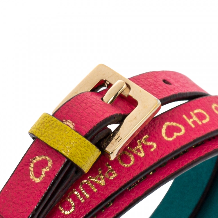 Pre Owned CH Carolina Herrera Pink Printed Leather Triple Wrap Bracelet