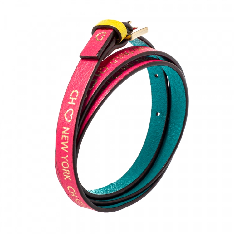 Pre Owned CH Carolina Herrera Pink Printed Leather Triple Wrap Bracelet