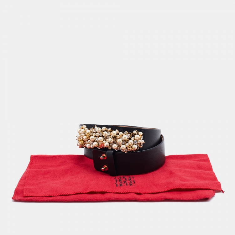 Pre Owned CH Carolina Herrera Black Leather Embellished Belt 85CM