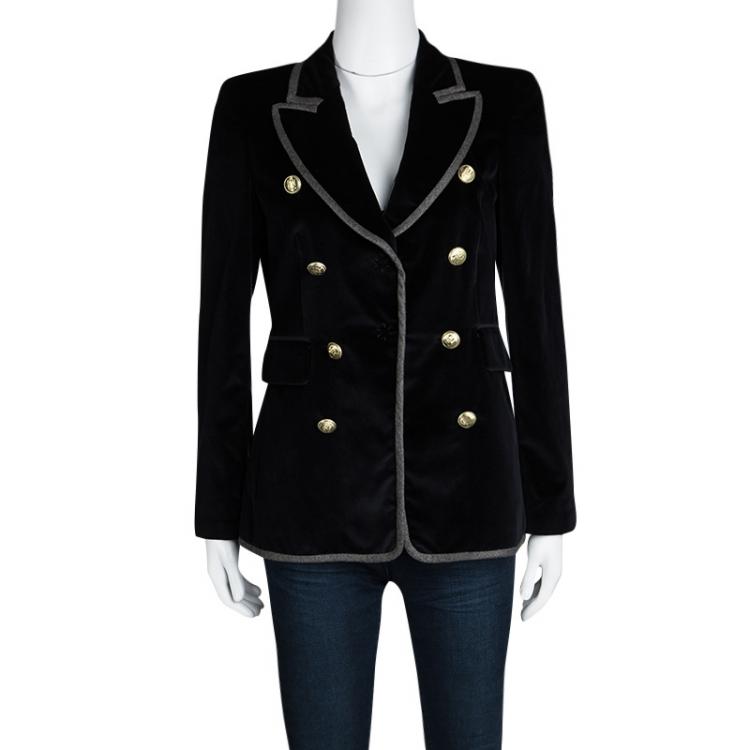 Pre Owned CH Carolina Herrera Navy Blue Velvet Contrast Piping Double Breasted Blazer M