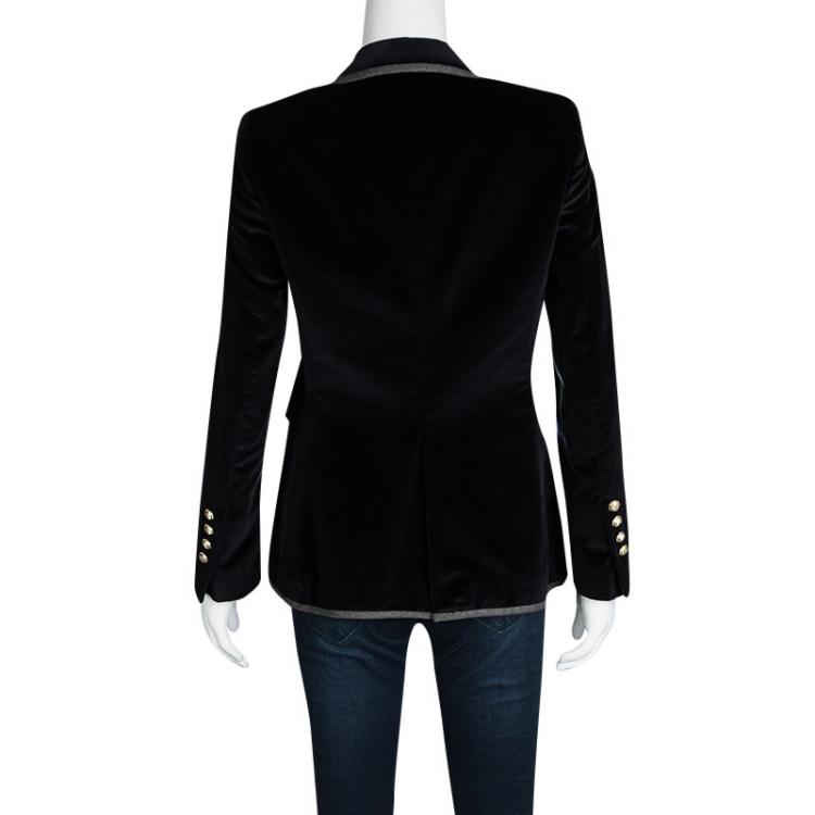 Pre Owned CH Carolina Herrera Navy Blue Velvet Contrast Piping Double Breasted Blazer M