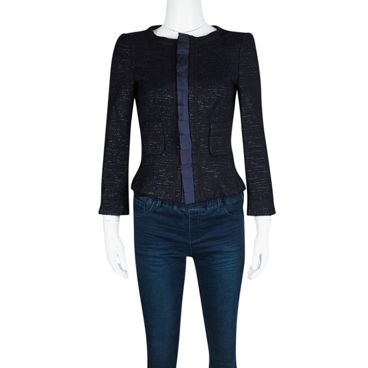 Pre Owned CH Carolina Herrera Navy Blue Textured Lurex Knit Cropped Jacket M