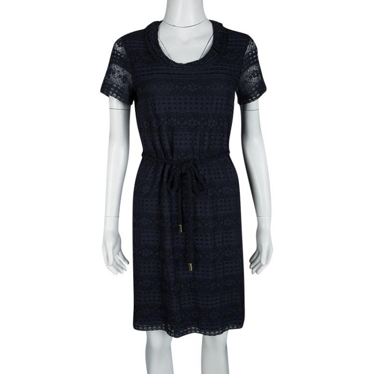 Pre Owned CH Carolina Herrera Navy Blue Short Sleeve Rope Belt Detail Lace Dress XS