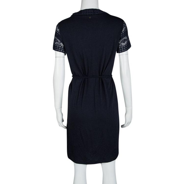 Pre Owned CH Carolina Herrera Navy Blue Short Sleeve Rope Belt Detail Lace Dress XS
