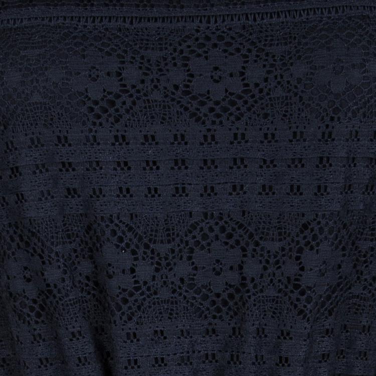 Pre Owned CH Carolina Herrera Navy Blue Short Sleeve Rope Belt Detail Lace Dress XS