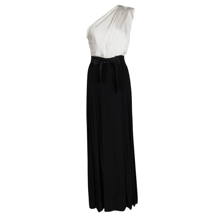 Pre Owned Carolina Herrera Monochrome Silk One Shoulder Belted Draped Evening Dress M