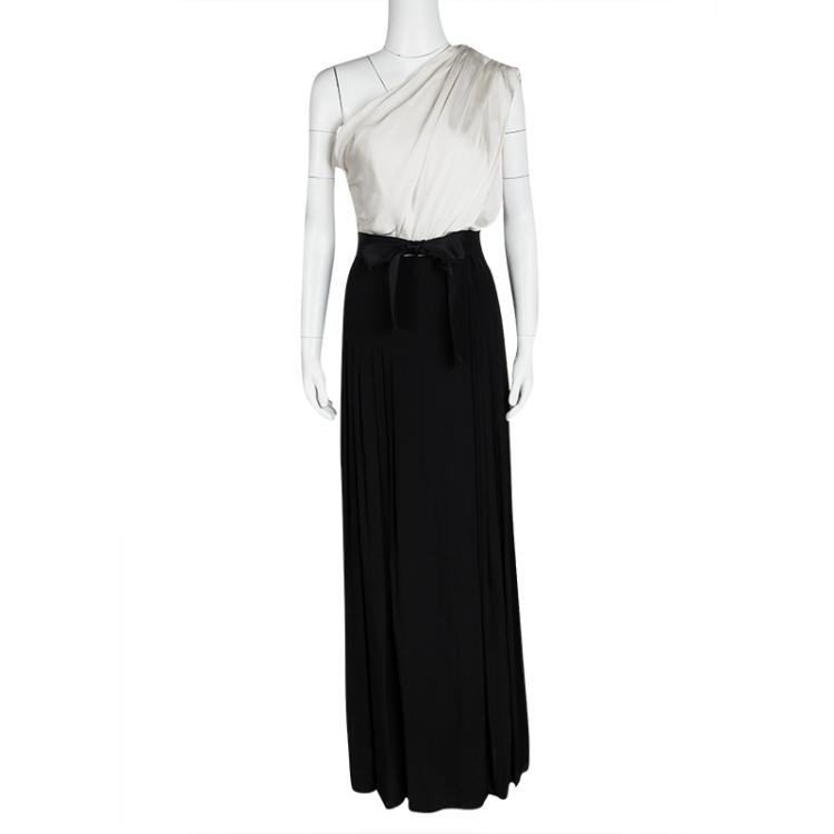 Pre Owned Carolina Herrera Monochrome Silk One Shoulder Belted Draped Evening Dress M
