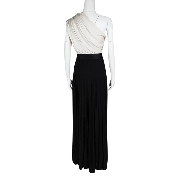 Pre Owned Carolina Herrera Monochrome Silk One Shoulder Belted Draped Evening Dress M