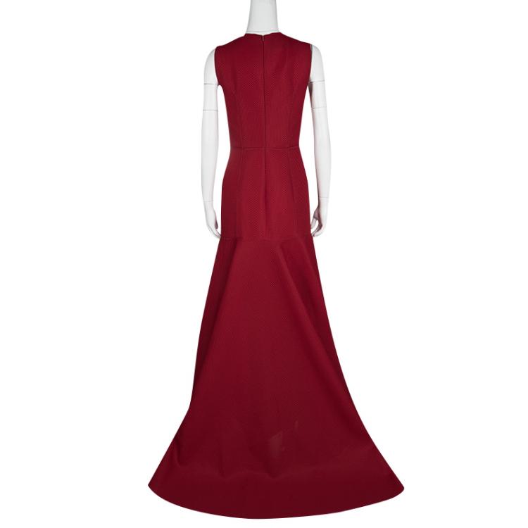 Pre Owned CH Carolina Herrera Red Tricot Mesh Sleeveless Gown M