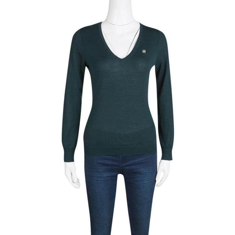 Pre Owned CH Carolina Herrera Bottle Green V Neck Wool Sweater XS