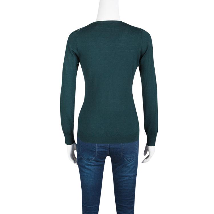 Pre Owned CH Carolina Herrera Bottle Green V Neck Wool Sweater XS