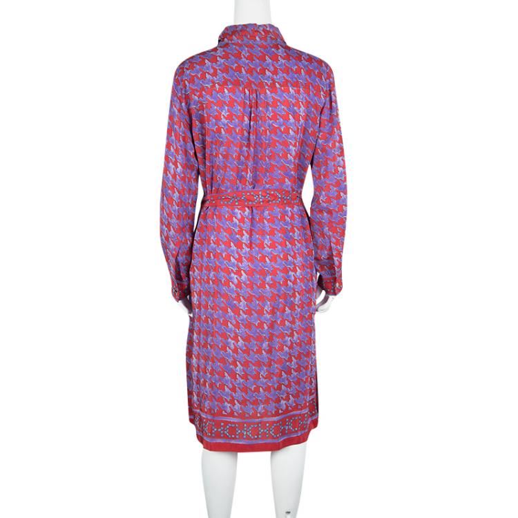 Pre Owned CH Carolina Herrera Purple and Red Houndstooth Print Belted Tunic Dress M